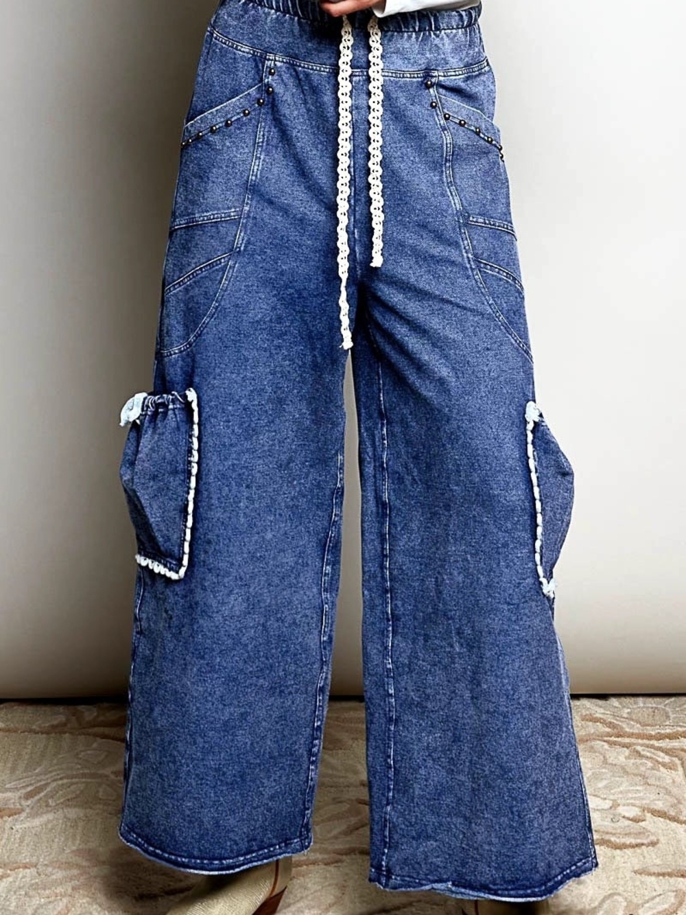 POL Wide-Leg Blue Denim Cargo Pants with Crochet Trim